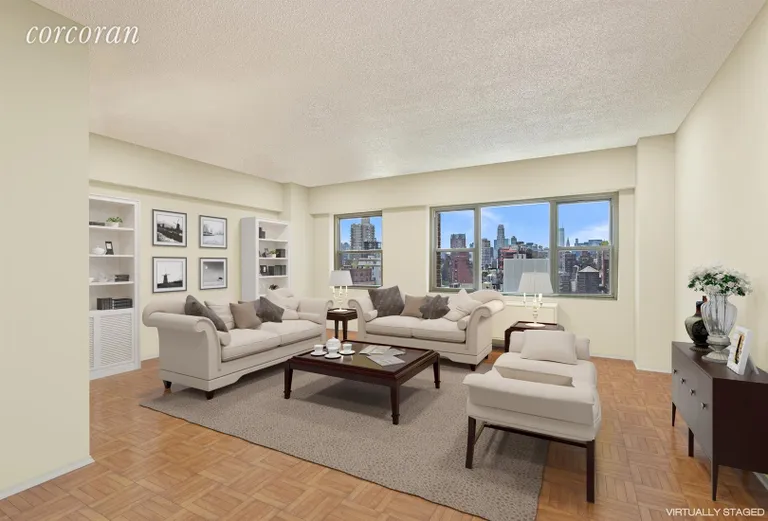 New York City Real Estate | View 111 East 85th Street, 15F | Living Room (Virtually Staged) | View 2