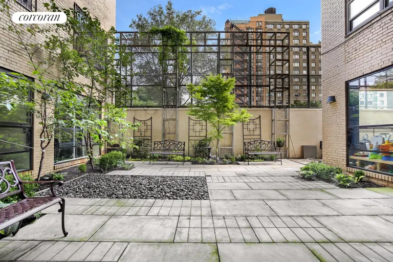 New York City Real Estate | View 230 Riverside Drive, 8K | Landscaped residents' courtyard and terrace | View 6