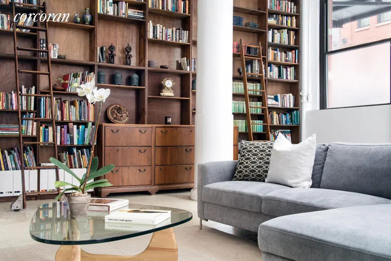 New York City Real Estate | View 76 Laight Street, 1 | Wall of Book Shelves, Original Steel Columns | View 2