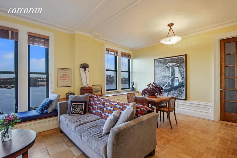 New York City Real Estate | View 420 Riverside Drive, 9B | Living Room/Library with Sweeping River Views | View 4