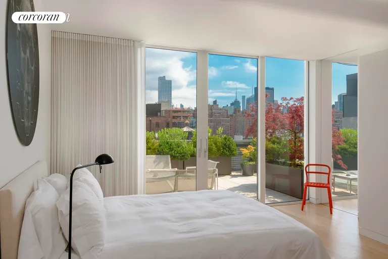New York City Real Estate | View 524 West 19th Street, PH | Guest Bedroom overlooking North Terrace | View 7