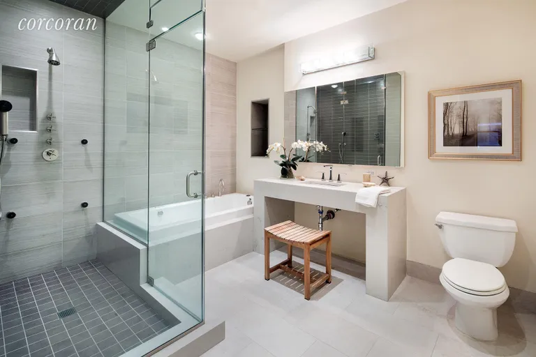 New York City Real Estate | View 65 West 13th Street, 3H | Master Bath with Steam Shower, Bathtub & TV | View 8
