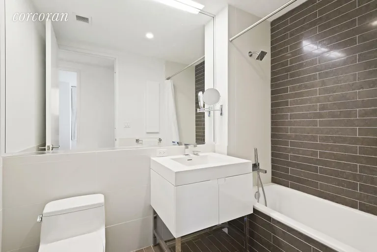 New York City Real Estate | View 388 Bridge Street, 44E | Bathroom with rain and hand-held shower | View 5