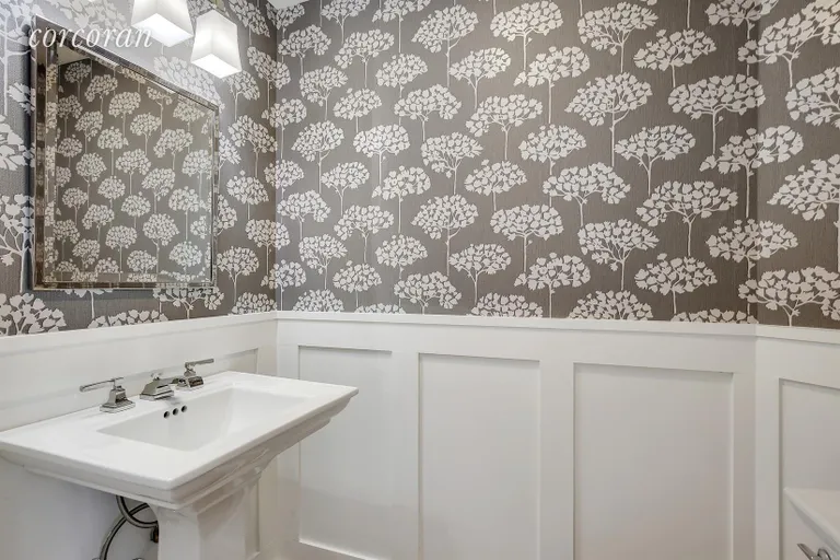 New York City Real Estate | View 90 Luquer Street | Wallpapered Half Bath with Wainscoting | View 9
