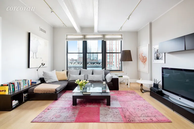 New York City Real Estate | View 70 Washington Street, 9A | Living area with oversized industrial windows  | View 2