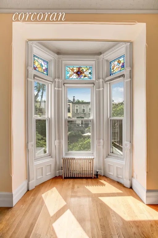New York City Real Estate | View 350 1st Street | Bay window with stained glass in master bedroom | View 6