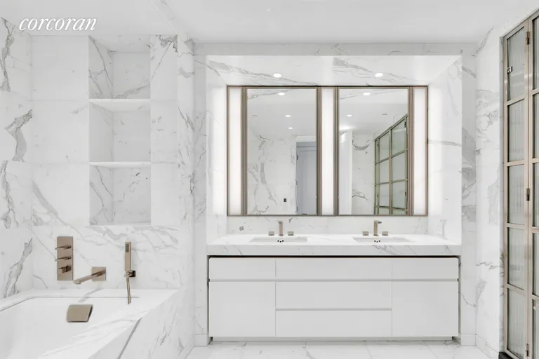 New York City Real Estate | View 70 Vestry Street, 5D | Master Bathroom of Statuary Monarch marble | View 5