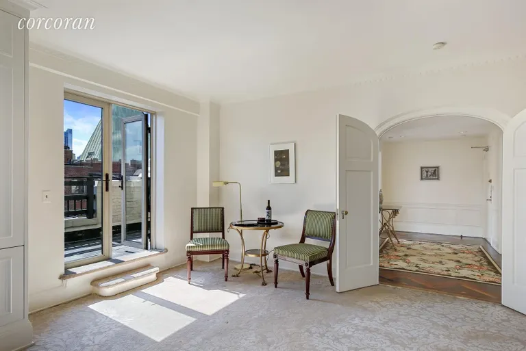 New York City Real Estate | View 35 East 76th Street, 1708 | Living Room with access to private terrace | View 4