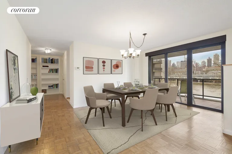 New York City Real Estate | View 531 Main Street, 502 | Dining Area leads to large Balcony | View 2