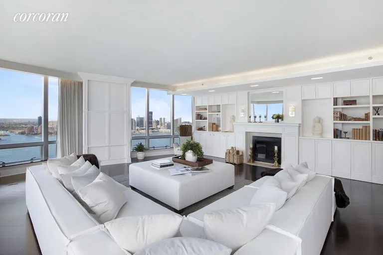 New York City Real Estate | View 10 West Street, PH2C | Grand Living Room with Direct River Views | View 2