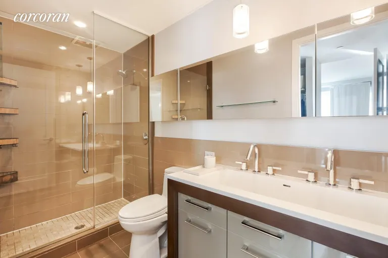 New York City Real Estate | View 125 North 10th Street, North5F | double sink and vanity with large walk-in shower | View 4