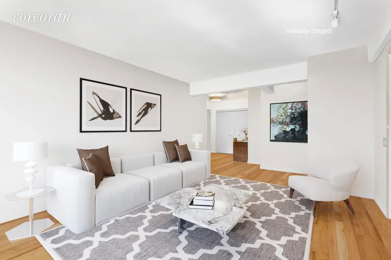 New York City Real Estate | View 30 East 9th Street, 6D | Reverse View - Living Room - Virtually Staged | View 2