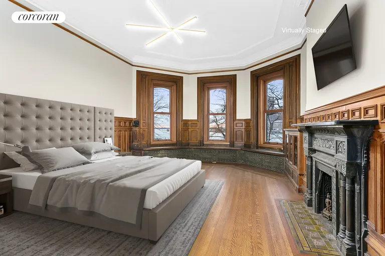 New York City Real Estate | View 148 Columbia Heights, 1 | Dramatic master bed with full harbor & city views | View 10