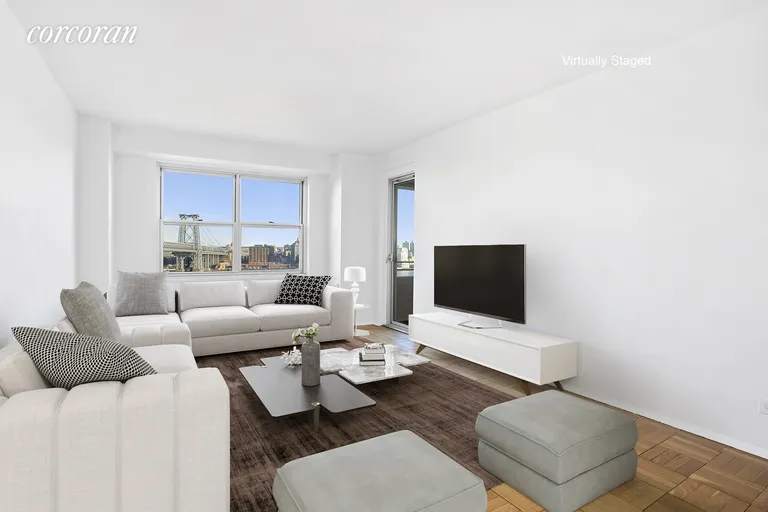 New York City Real Estate | View 455 Fdr Drive, B1507 | Living room, virtually staged. | View 2