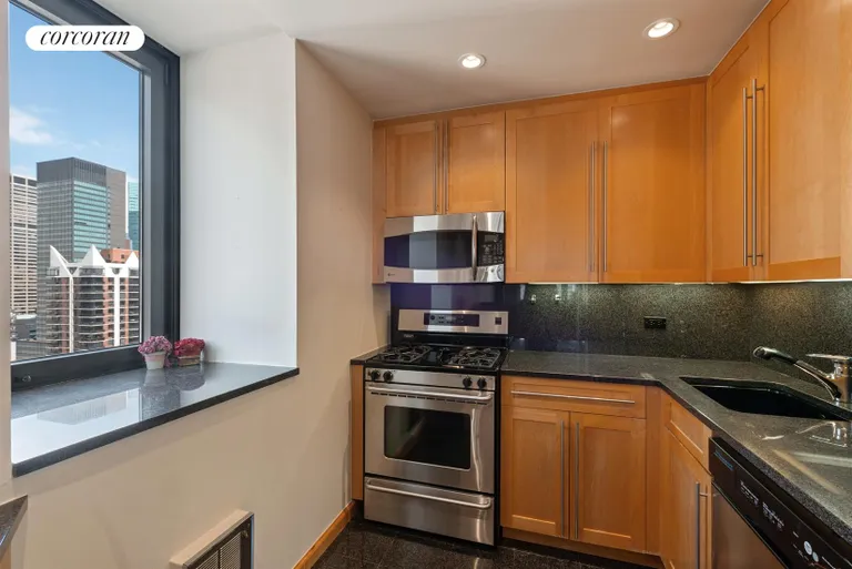 New York City Real Estate | View 100 United Nations Plaza, 29D | Open windowed kitchen with marble countertops | View 3