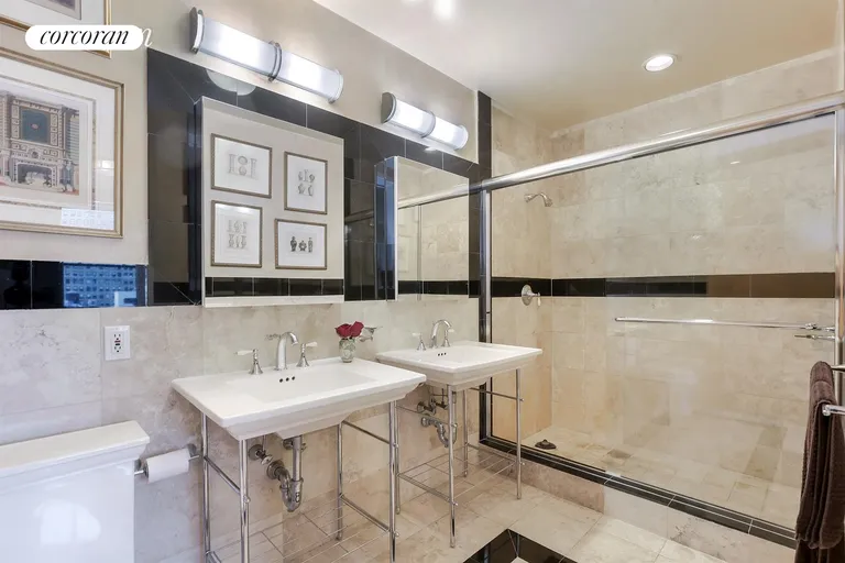 New York City Real Estate | View 38 Warren Street, 8C | Master Bathroom double sinks and over sized shower | View 7