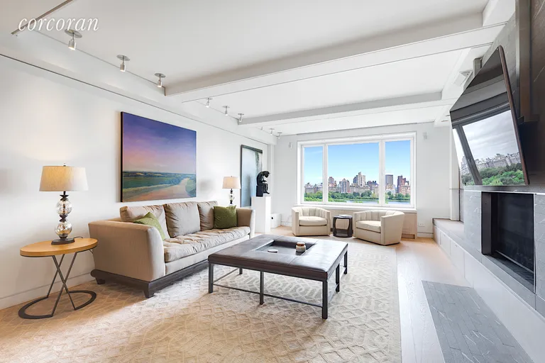 New York City Real Estate | View 322 Central Park West, 15B | LR w/ WBFP & Park view | View 2