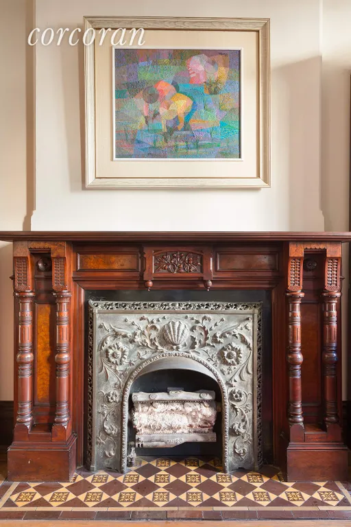 New York City Real Estate | View 199 Saint Johns Place | Magnificent carved mantel | View 4