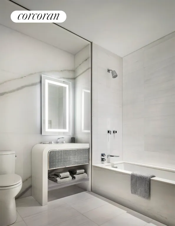 New York City Real Estate | View 35 Hudson Yards, 6103 | Handsome second bathroom with soaking tub | View 9