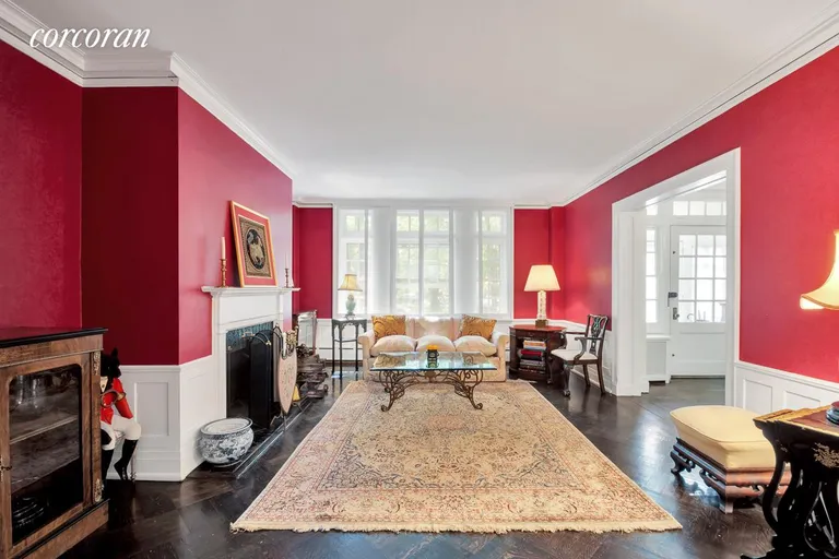 New York City Real Estate | View 34 Greenway Terrace | Spacious Living Room with Fireplace Detail | View 3
