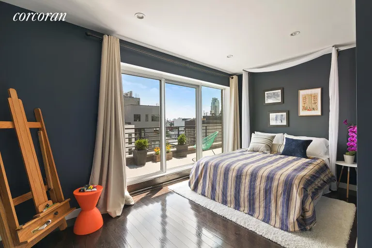 New York City Real Estate | View 48 Box Street, 6 | Master bedroom with large terrace beyond | View 10