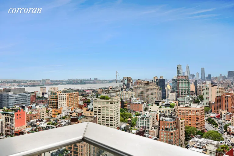 New York City Real Estate | View 56 Leonard Street, 25A EAST | Terrace from master bedroom suite with river view  | View 8