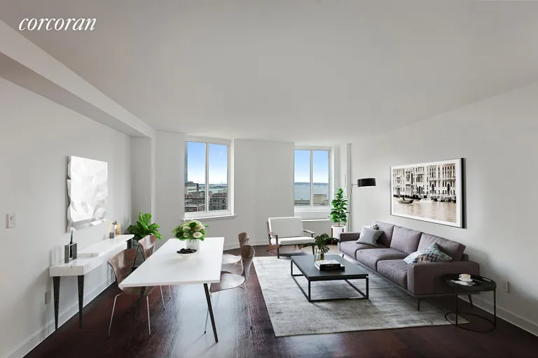 New York City Real Estate | View 333 Rector Place, PHS2 | Living | Dining Area with Open Sky Views of Hudson | View 3