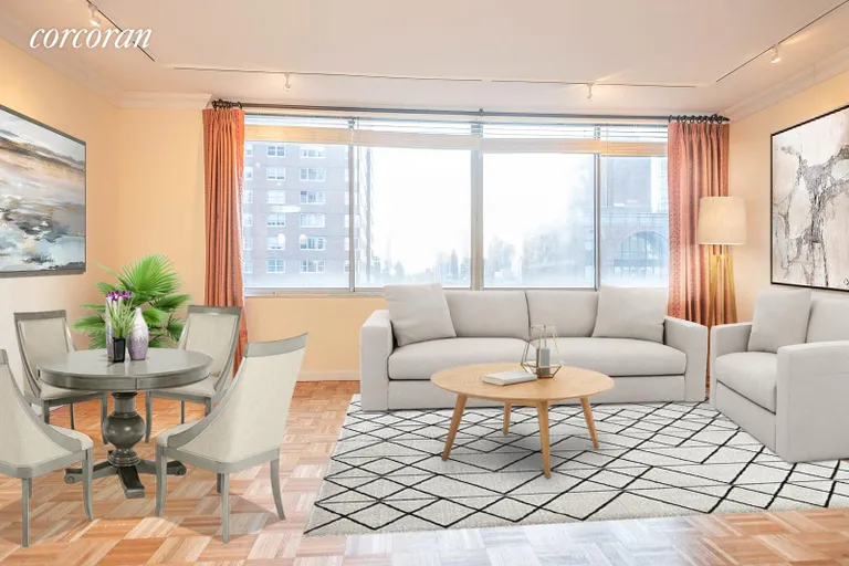 New York City Real Estate | View 353 East 72Nd Street, 24B | Virtually furnished Dining area and Living area | View 3