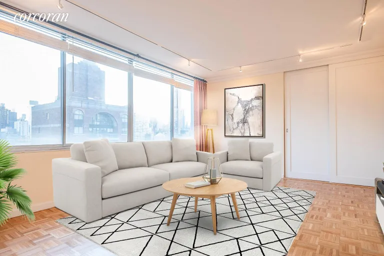 New York City Real Estate | View 353 East 72Nd Street, 24B | Virtually furnished Living Room. | View 4