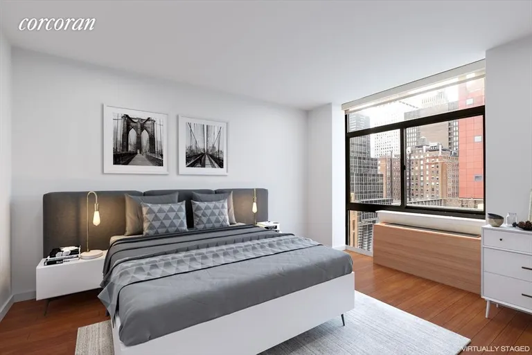 New York City Real Estate | View 303 East 43rd Street, 18C | Virtually Staged Bedroom | View 2