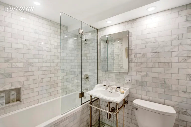 New York City Real Estate | View 300 West 145th Street, 4Q | Marble Guest Bathroom | View 11