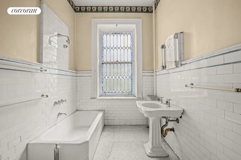 New York City Real Estate | View 116 Pierrepont Street | Full Bathroom~Stained Glass Window | View 8