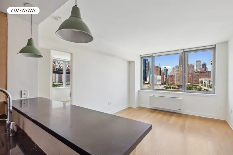 New York City Real Estate | View 425 Main Street, 9F | Living Room & Kitchen | View 3