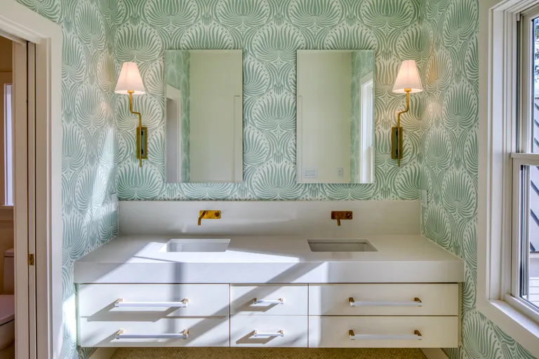 New York City Real Estate | View 221 Vinson Road | Primary Bath Vanity with Farrow & Ball Wallpaper. Urban Electric Lighting. | View 35